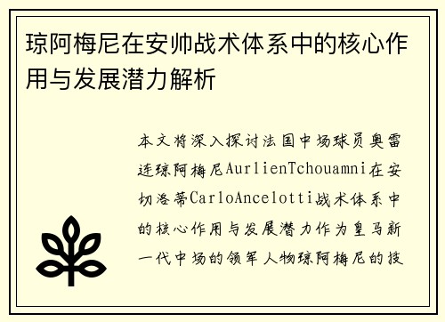 琼阿梅尼在安帅战术体系中的核心作用与发展潜力解析